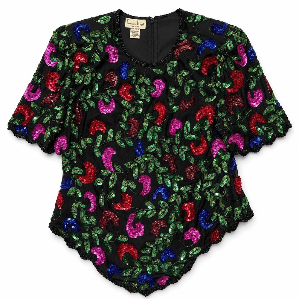 Vintage Laurence Kazar Silk Sequin Beaded Blouse Black Floral XL Short Sleeve